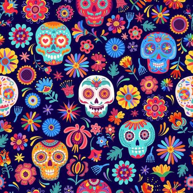 Motif mexicain sans couture avec des crânes et des fleurs