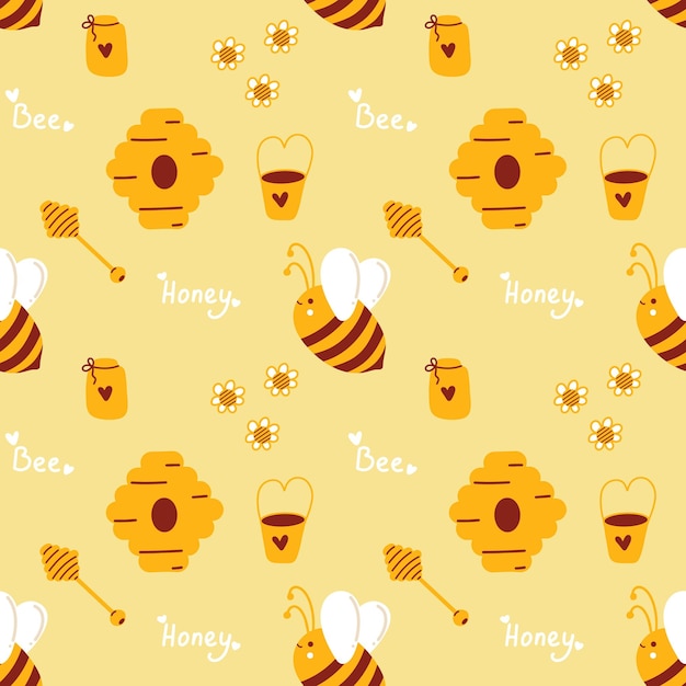 Vecteur motif de miel avec des abeilles pour les apiculteurs et les produits à base de miel motif jaune d'été mignon avec des abeelles