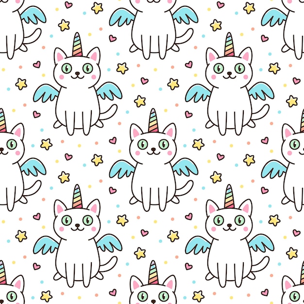 Motif Mignon Avec Un Chat Blanc Dans Un Costume De Licorne Avec Des Ailes Et Une Corne Arc-en-ciel