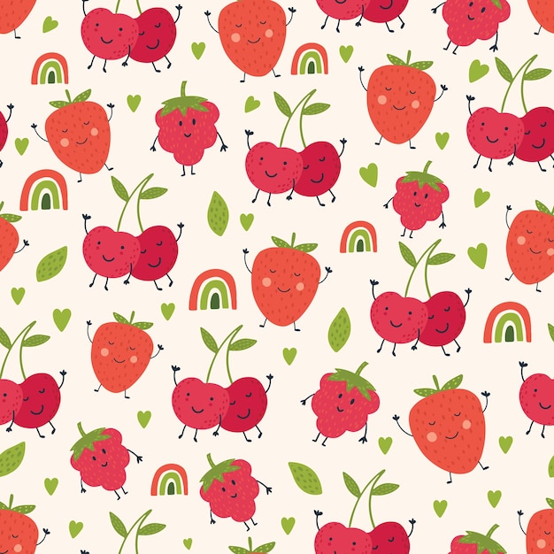 Motif Mignon Avec Des Fraises Cerises Fond Beige Motif Mignon De Vecteur Pour Papier Textile