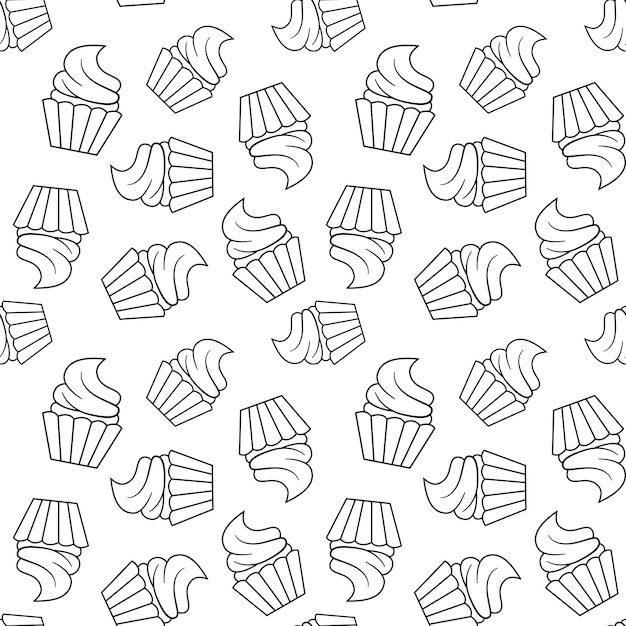 Motif monochrome en ligne sans couture avec muffin Cupcake Contour croquis dessinés à la main