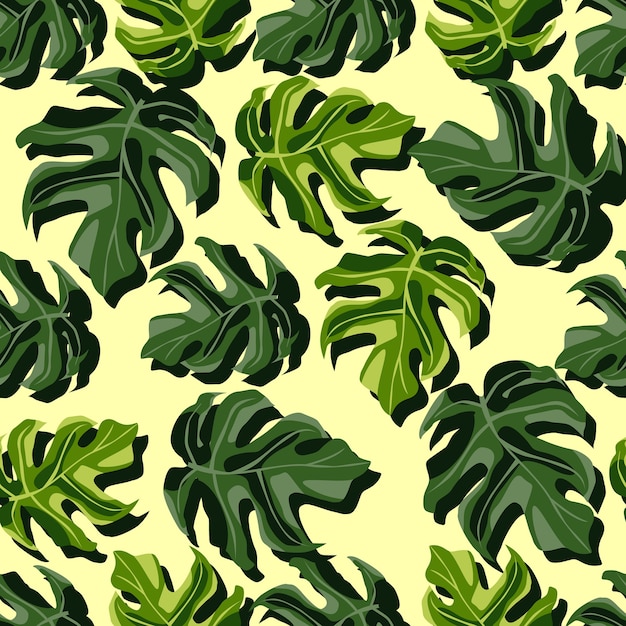 Motif De Monstera Sans Soudure Botanique Brillant Aléatoire. Feuilles Vertes Exotiques Sur Fond Jaune Clair. Idéal Pour Le Papier Peint, Le Textile, Le Papier D'emballage, L'impression De Tissu. Illustration.