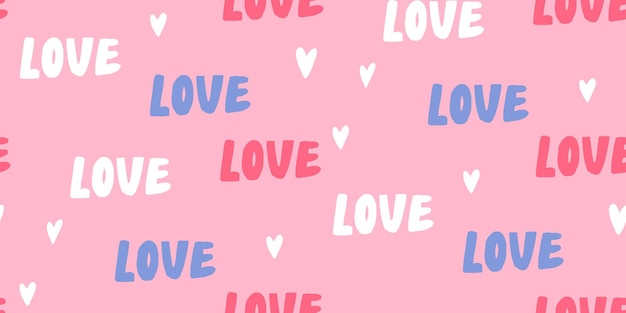Vecteur motif de mot d'amour rose design à la mode moderne avec des cœurs et des lettres répétés sur fond rose