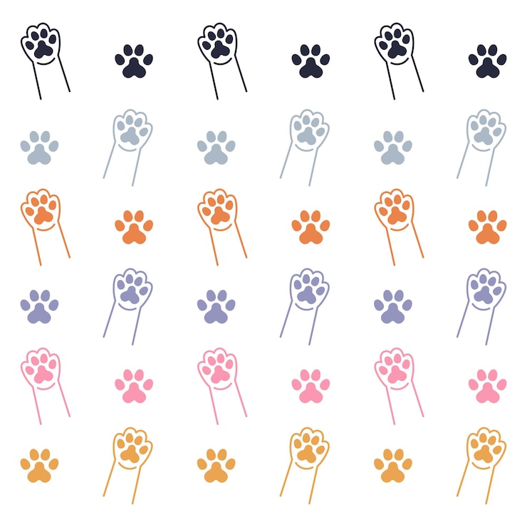 Vecteur un motif multicolore de pattes de chat mignon dans un style linéaire