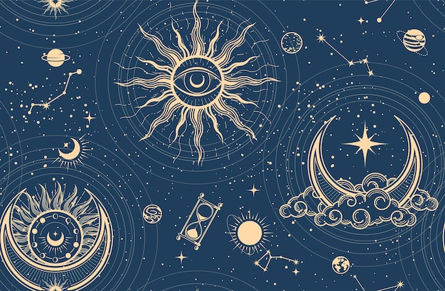 Vecteur un motif mystique sans couture avec le soleil, la lune et les étoiles, le cosmos en arrière-plan dans le style du tarot, l'espace et l'astrologie.