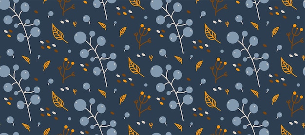 Motif Naturel Sur Fond Bleu Avec Myrtilles, Plantes Sèches Et Feuilles D'automne.