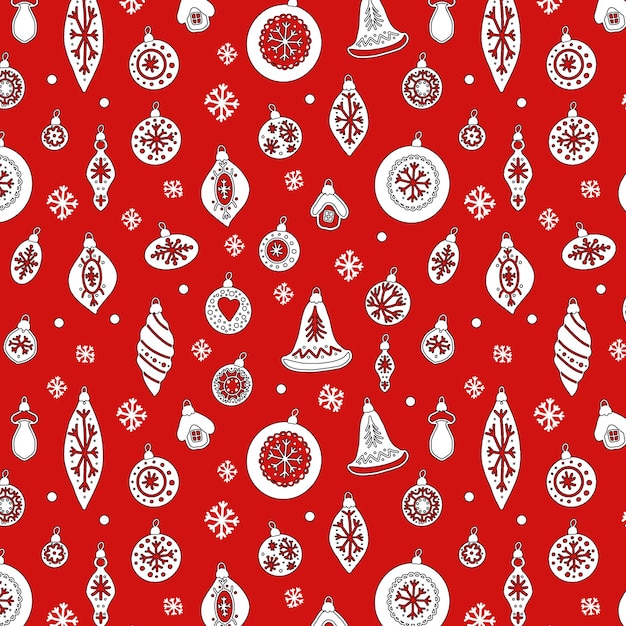 Vecteur motif de noël blanc sur fond rouge. ornements peints à la main. image vectorielle lumineuse