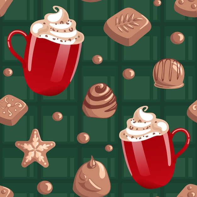 Vecteur motif de noël chocolat chaud à la crème fouettée dans une tasse rouge chocolats pralinés étoiles flocons de neige