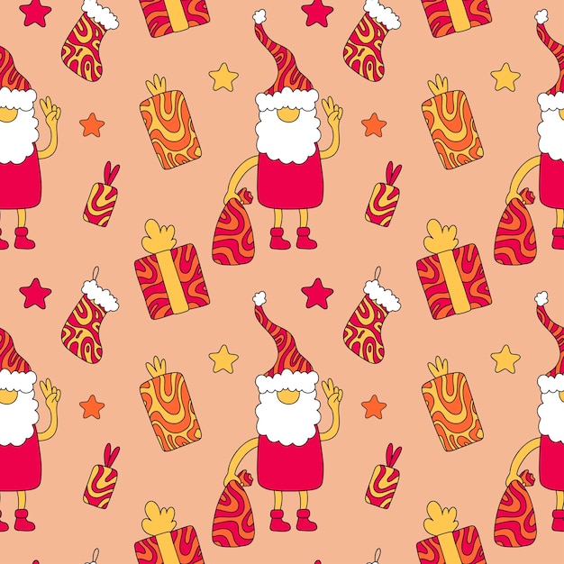 Motif De Noël Avec Le Père Noël, Le Bas De La Boîte-cadeau Et Les étoiles. Illustration Vectorielle Sans Couture