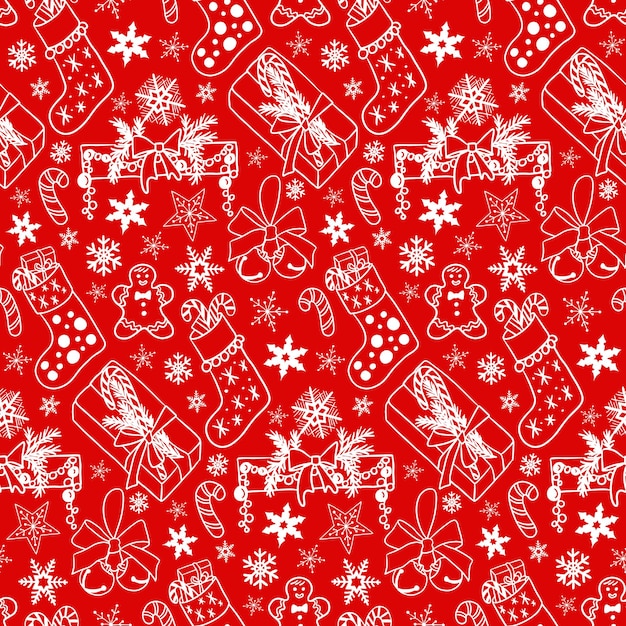 Motif De Noël Rouge Et Blanc Avec Des Décorations Traditionnelles Dans Un Style Plat Doodle