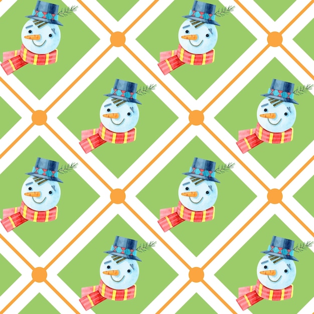 Motif De Noël Sans Couture Avec Un Bonhomme De Neige Dans Un Chapeau Argyle Checkered Illustrations à L'aquarelle Sur Fond Géométrique Pour Les Vacances D'hiver Papier D'emballage Textile Design Pour Enfants Du Nouvel An