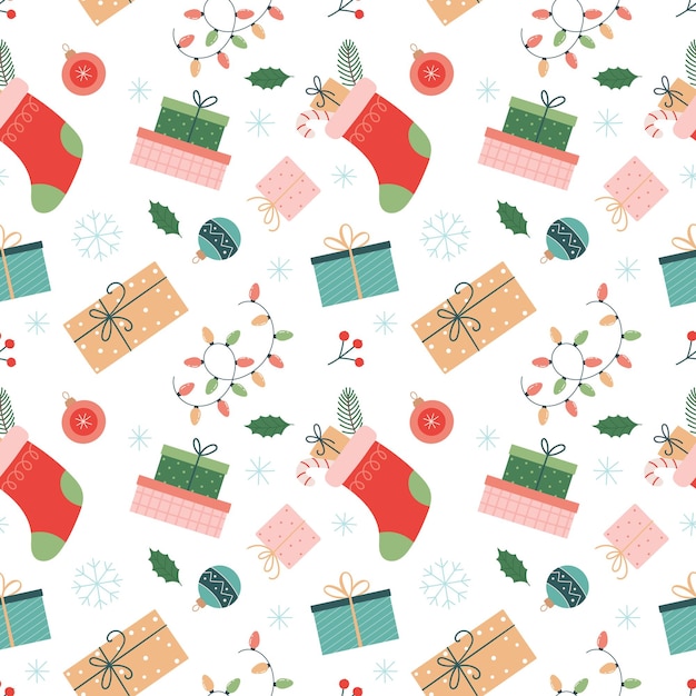 Motif de Noël sans couture avec des cadeaux et des décorations de vacances