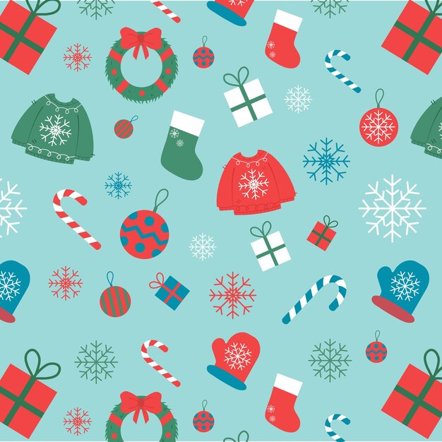 motif de noël sans couture avec des cadeaux des vêtements des bonbons des décorations de nouvelle année et une couronne