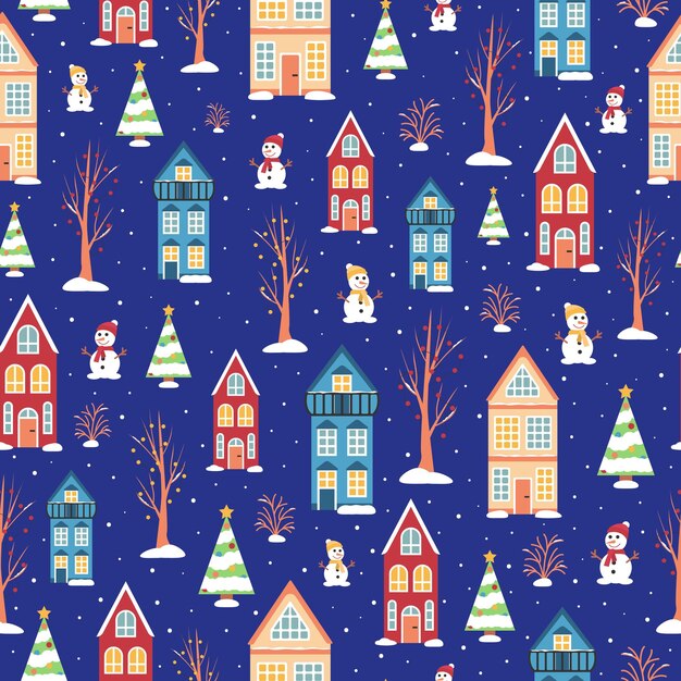 Motif de Noël sans couture vectoriel maisons scandinaves bonhomme de neige