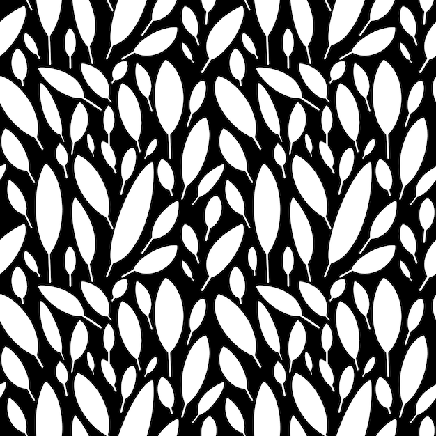 Motif noir et blanc avec des feuilles. Motif botanique sans couture de style scandinave. Feuilles blanches sur fond noir. Design minimaliste et moderne