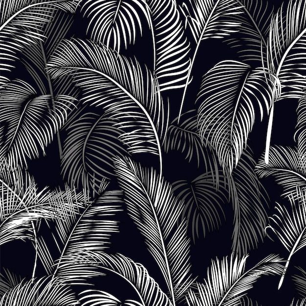 Vecteur un motif noir et blanc avec des feuilles de palmier sur un fond noir
