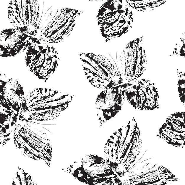 Vecteur motif noir et blanc sans couture avec papillons dessinés à la main. effet monotype