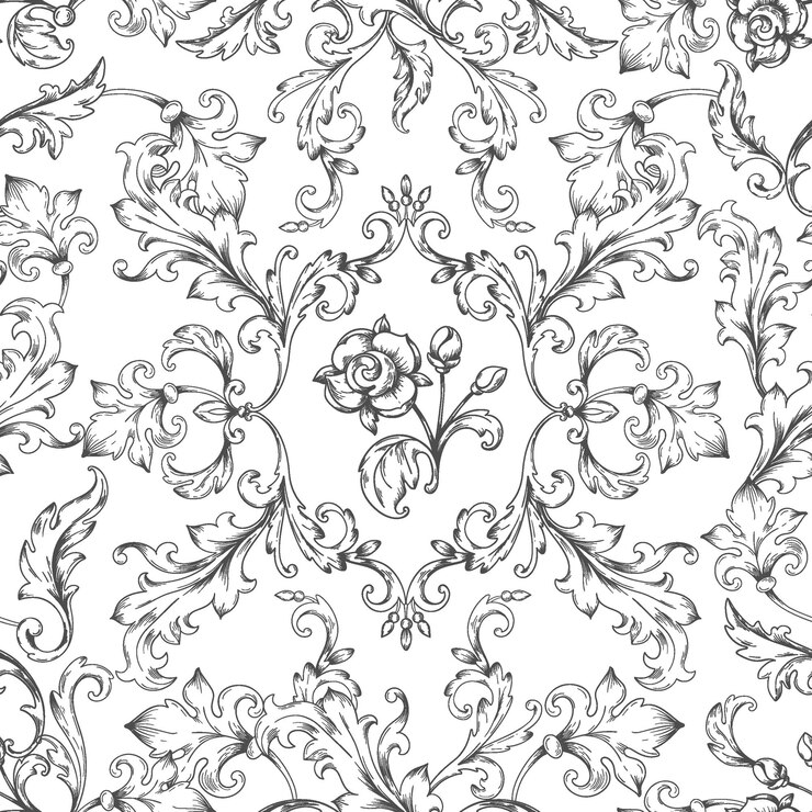 Vecteur motif d'ornement baroque. éléments de bordure florale décorative avec des feuilles gravées, texture transparente victorienne vintage. fond d'écran héraldique de vecteur, toile de fond de fleurs pour illustration décorative rococo
