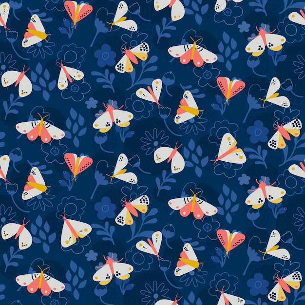 Vecteur motif papillon sur fond bleu foncé avec des fleurs