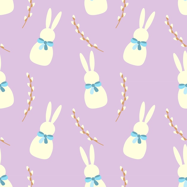 Vecteur motif de pâques avec des lapins avec un arc et des branches de saule de printemps sur un fond rose violet pastel