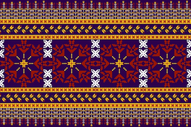 Vecteur motif de pixel carrés de conception ethnique reliés les uns aux autres violet rouge blanc jaune pour les tissus