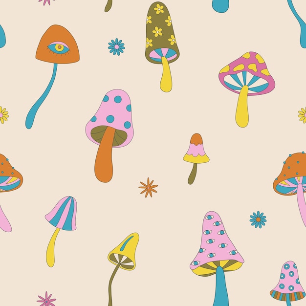 Motif Psychédélique Rétro Avec Des Champignons Et Des Fleurs Groovy Floral Hippie Mushrooms Retro 70s 60s