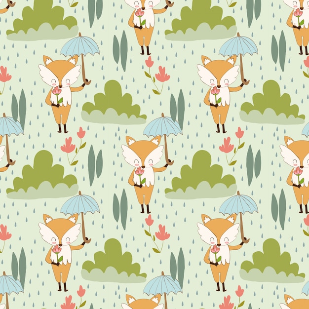 Motif De Renard Et De Fleur Sous La Pluie