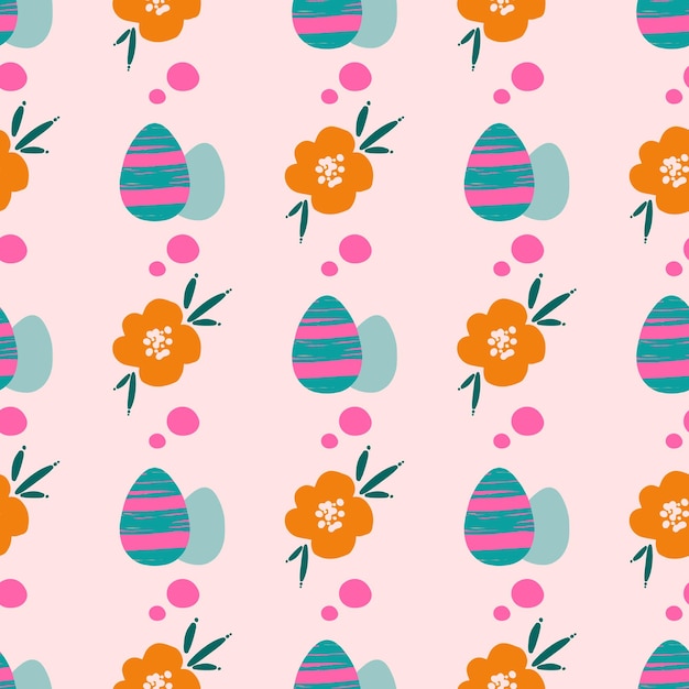 Motif répétitif sans couture de Pâques avec des oeufs roses et bleus et des fleurs orange