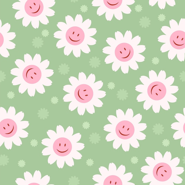 Motif De Répétition De Marguerite Souriante Mignonne Des Années 70 Avec Des Fleurs Fond De Vecteur Pastel Hippie Floral