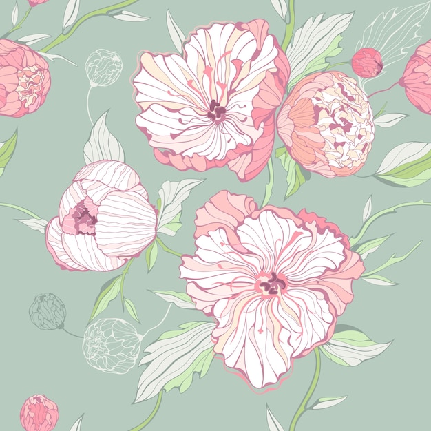 Motif Reproductible Vert Sauge De Couleur Pastel Sans Couture Avec Des Fleurs De Pivoine