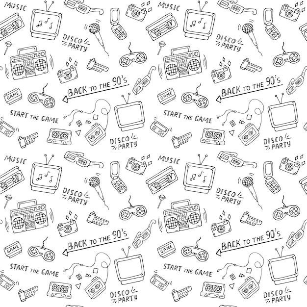 Motif Rétro Noir Et Blanc Des Années 90 Doodles Fond Transparent