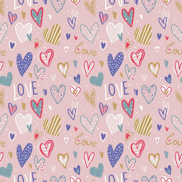 Motif romantique avec des coeurs de couleur très péri Modèle vectoriel de coeurs irréguliers dessinés à la main simple