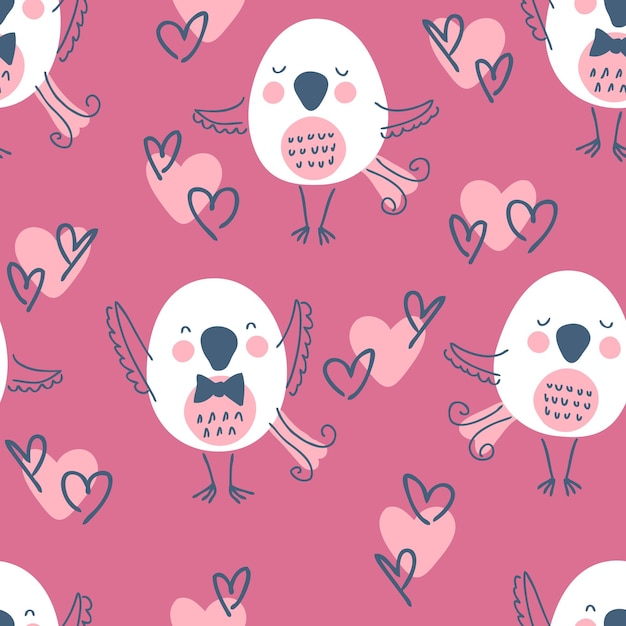 Motif De Saint-valentin Harmonieux Dessiné à La Main Avec Des Oiseaux Et Des Coeurs Parfait Pour Le Textile Tshirt Et L'impression Illustration Vectorielle Doodle Pour La Décoration Et Le Design