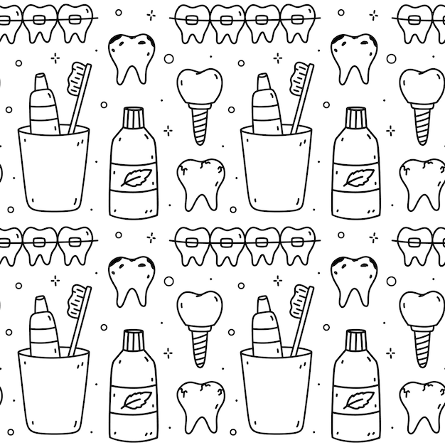 Vecteur motif sans couture avec des articles dentaires rince-bouche brosse à dents pâte à dents implants dentaires appareils orthopédiques