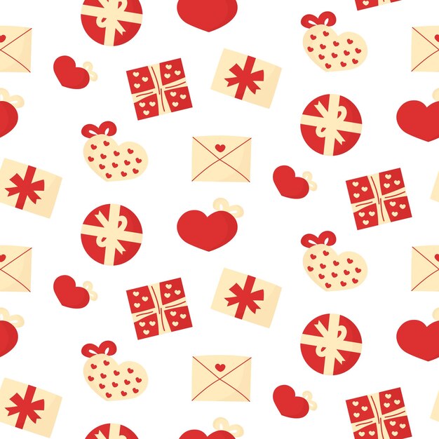 Vecteur motif sans couture avec des boîtes cadeaux rouges pour la saint-valentin ou les nœuds de noël et les lignes pour l'emballage