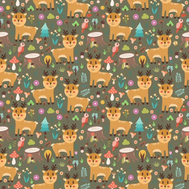 Vecteur un motif sans couture de cerf dans la forêt illustration vectorielle