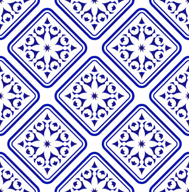 Vecteur motif sans couture décorative floral bleu et blanc