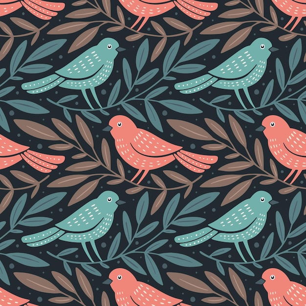 Vecteur motif sans couture dessiné à la main avec des oiseaux et des branches décoratives motif sans couture de la forêt florale de la nature