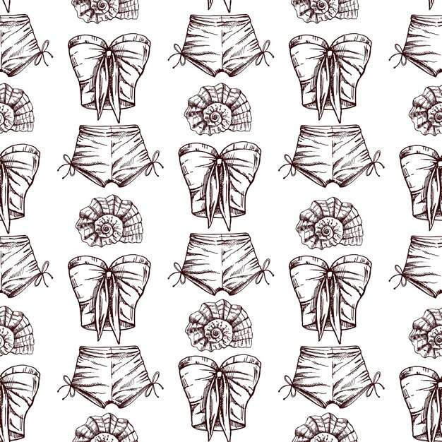 motif sans couture dessiné à la main avec des tenues d'été et des coquillages dans un style vintage