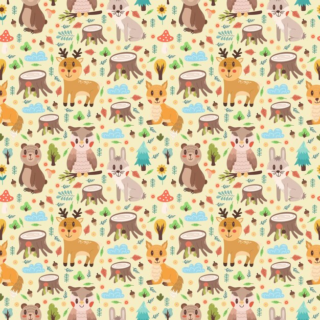 Motif Sans Couture Avec Différents Animaux Mignons Sur Un Fond Clair Dessin D'impression Vectorielle