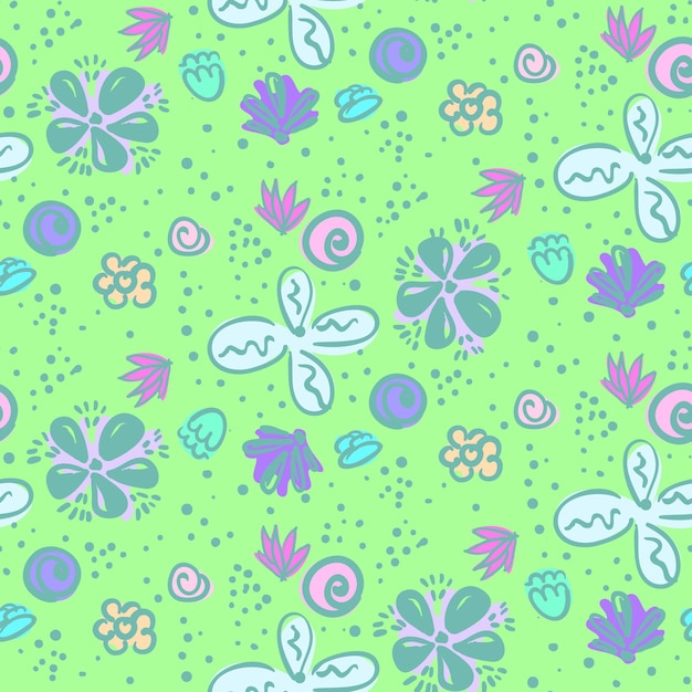 Vecteur motif sans couture doodle avec des fleurs de prairie bleues et blanches. belle texture florale naïve avec des fleurs colorées, des lignes et des taches sur un fond d'herbe verte pour le textile, le papier d'emballage, la surface