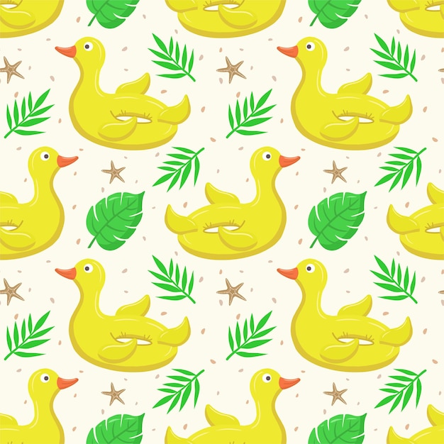 Un motif sans couture avec du canard jaune et des feuilles de palmier Un flotteur pour la piscine Des canards jaunes gonflables