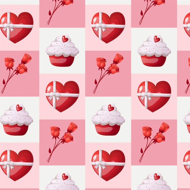 Vecteur motif sans couture du jour de la saint-valentin avec des roses rouges au cœur rouge et un vecteur de cupcake