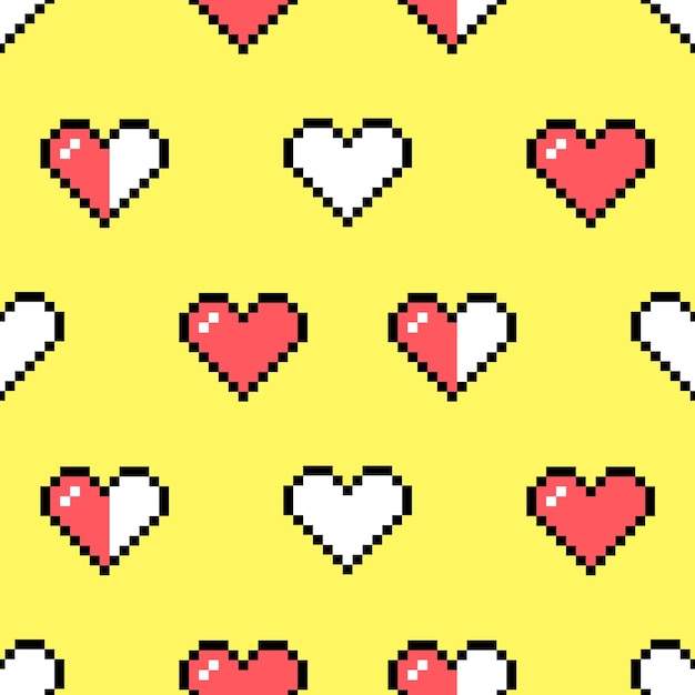 Vecteur motif sans couture d'éléments de pixels dans le style 8 bits isolés sur un fond jaune icônes en forme de cœur