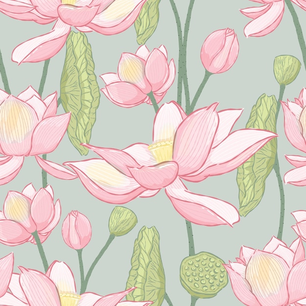 Vecteur motif sans couture de fleur de lotus dessiné à la main par vecteur