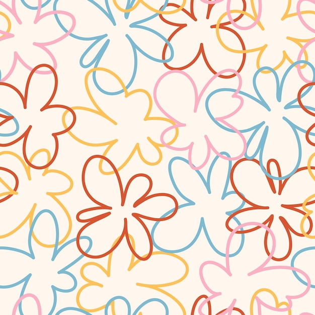 Un motif sans couture de fleurs linéaires colorées Beaucoup de fleurs brillantes de rose rouge bleu
