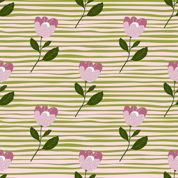 Motif Sans Couture De Fleurs Roses Géométriques Doodle Sur Fond Rayé.