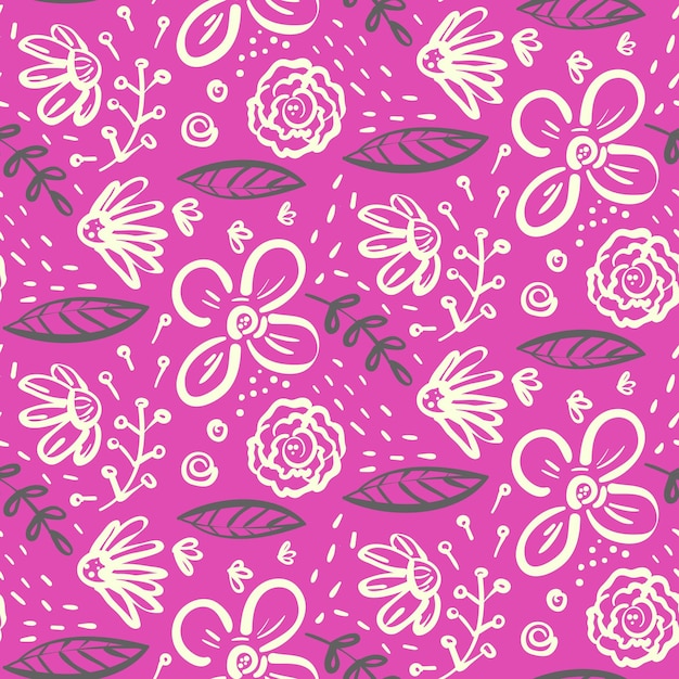 Vecteur motif sans couture floral linéaire rose vif avec des fleurs blanches et des feuilles sombres en contraste. texture dessinée à la main du printemps de doodle pour le textile, le papier d'emballage, la couverture, la surface, le papier peint, le fond