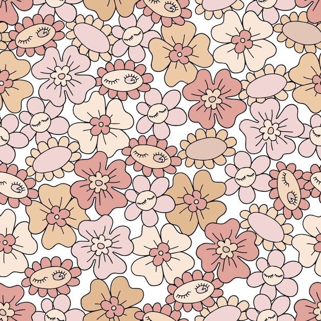 Vecteur motif sans couture floral rétro avec des marguerites de fleurs groovy daisy sur fond blanc