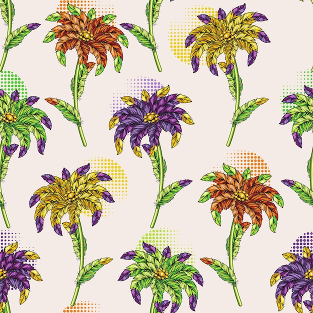 Vecteur motif sans couture avec des formes rondes en demi-tonnes des fleurs créatives faites de plumes